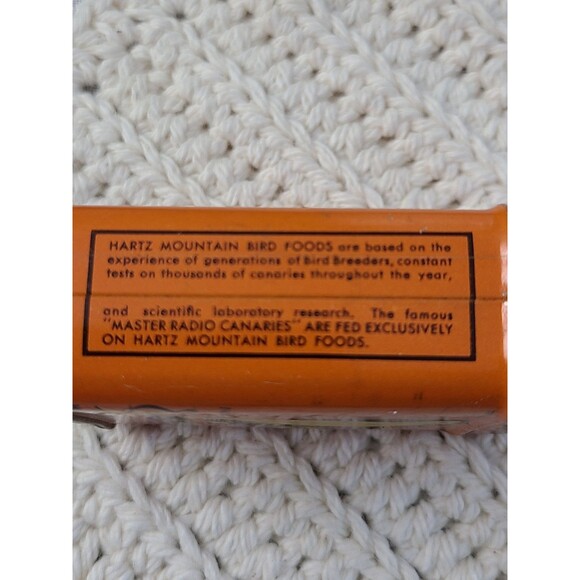Vintage Hartz Mountain Song Food Tin Orange Canary Bird Seed Can USA - Picture 4 of 9
